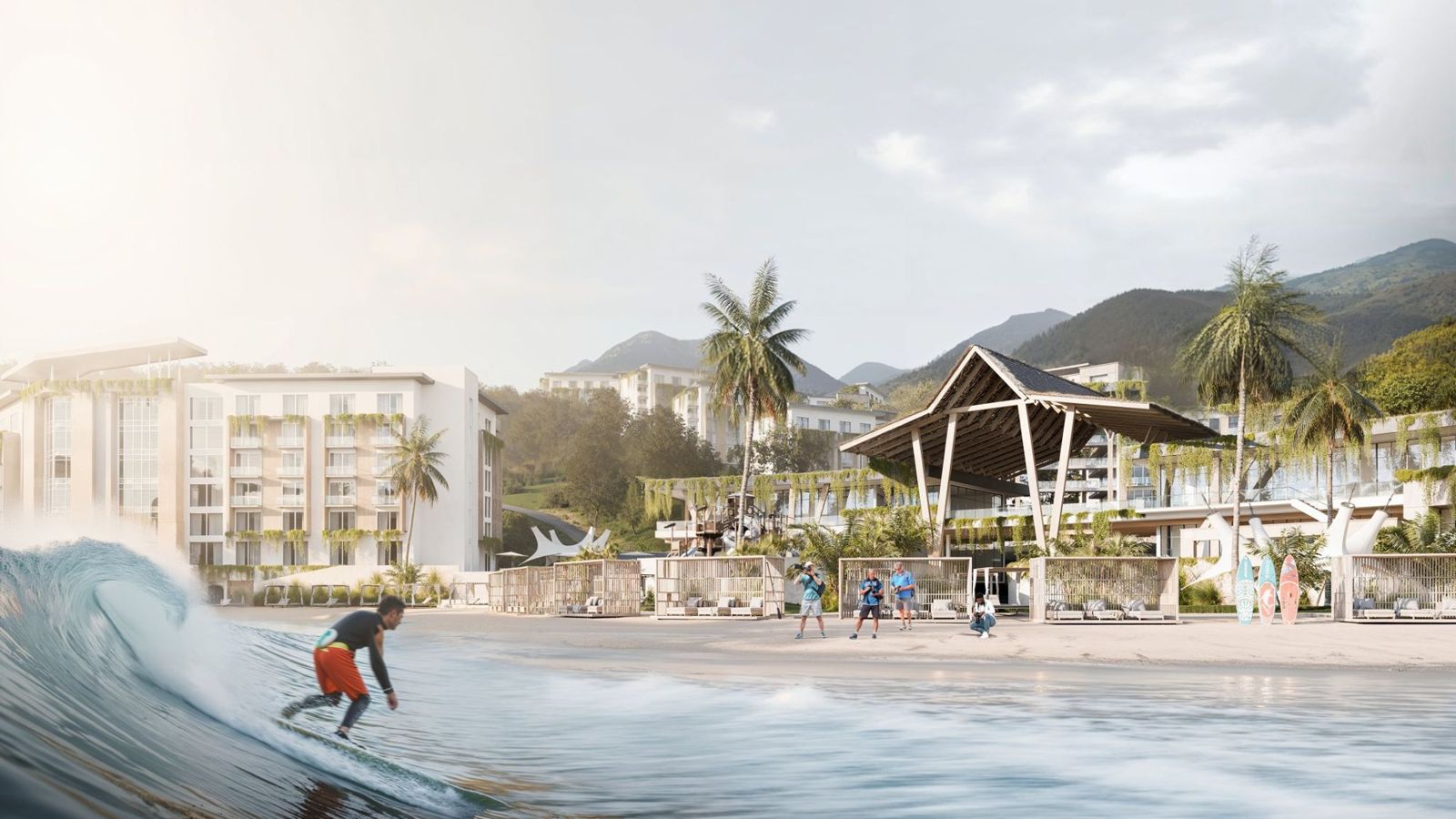 Surfer riding the lagoon wave in front of the surf lodge